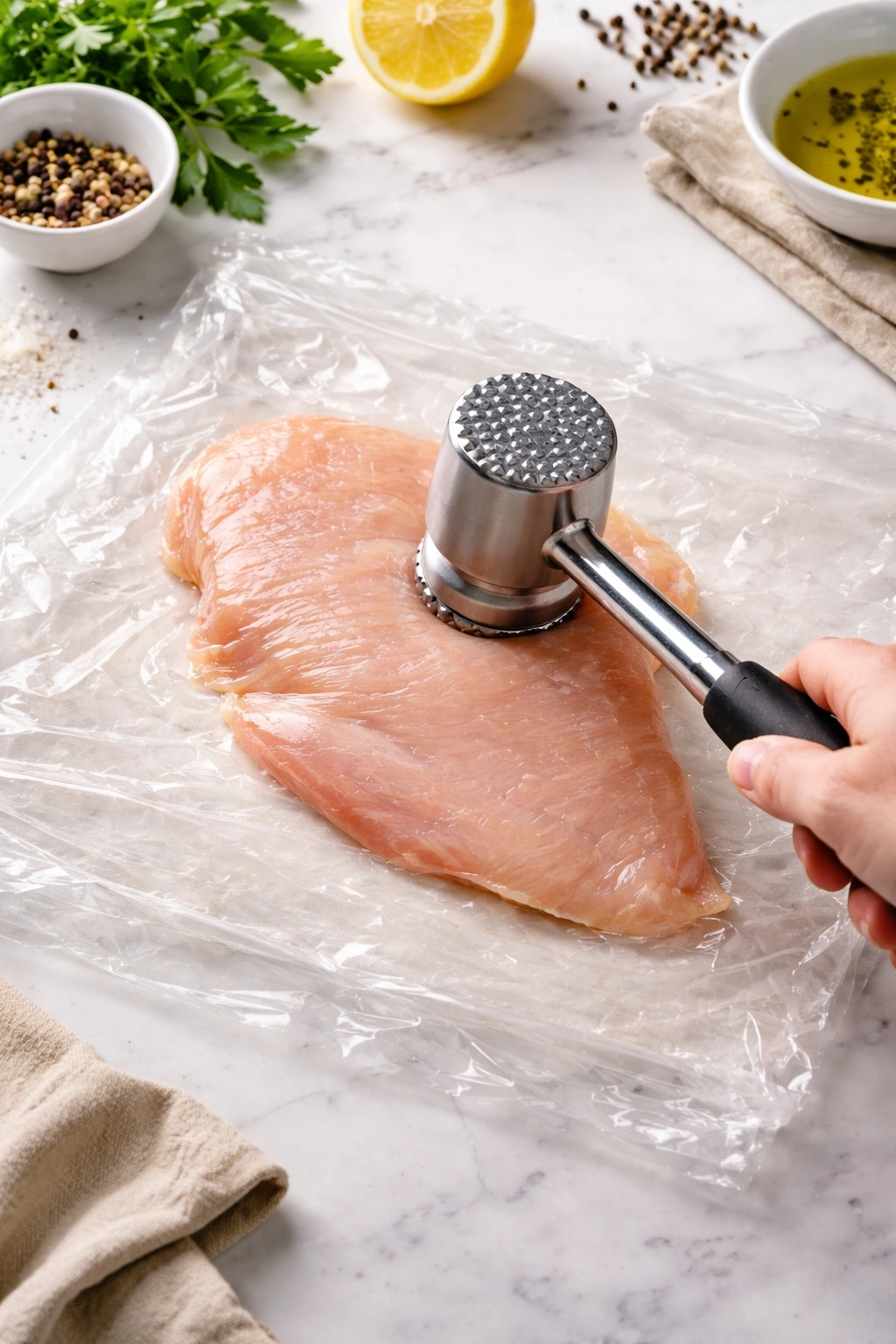 Chicken breast being pounded to even thickness under plastic wrap.