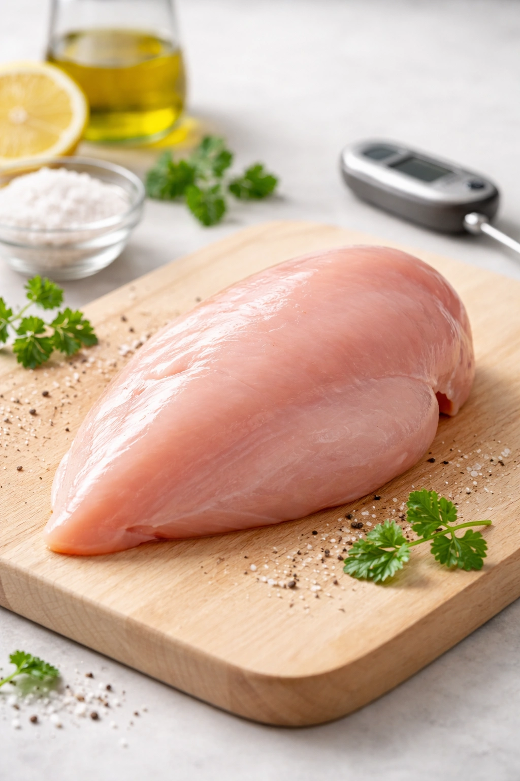 Single raw chicken breast on a neutral surface, lean texture.