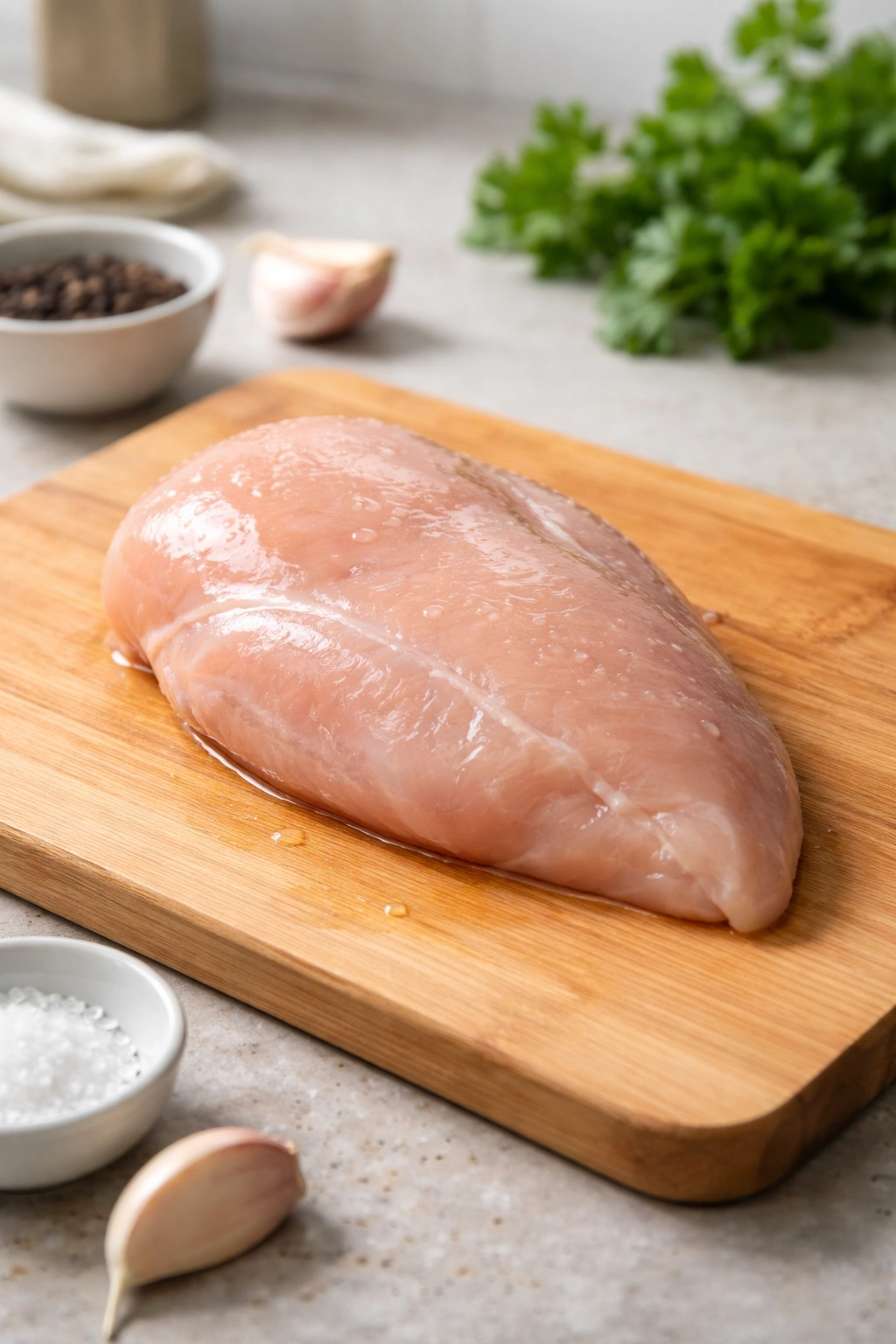 Raw chicken breast at room temperature on a cutting board