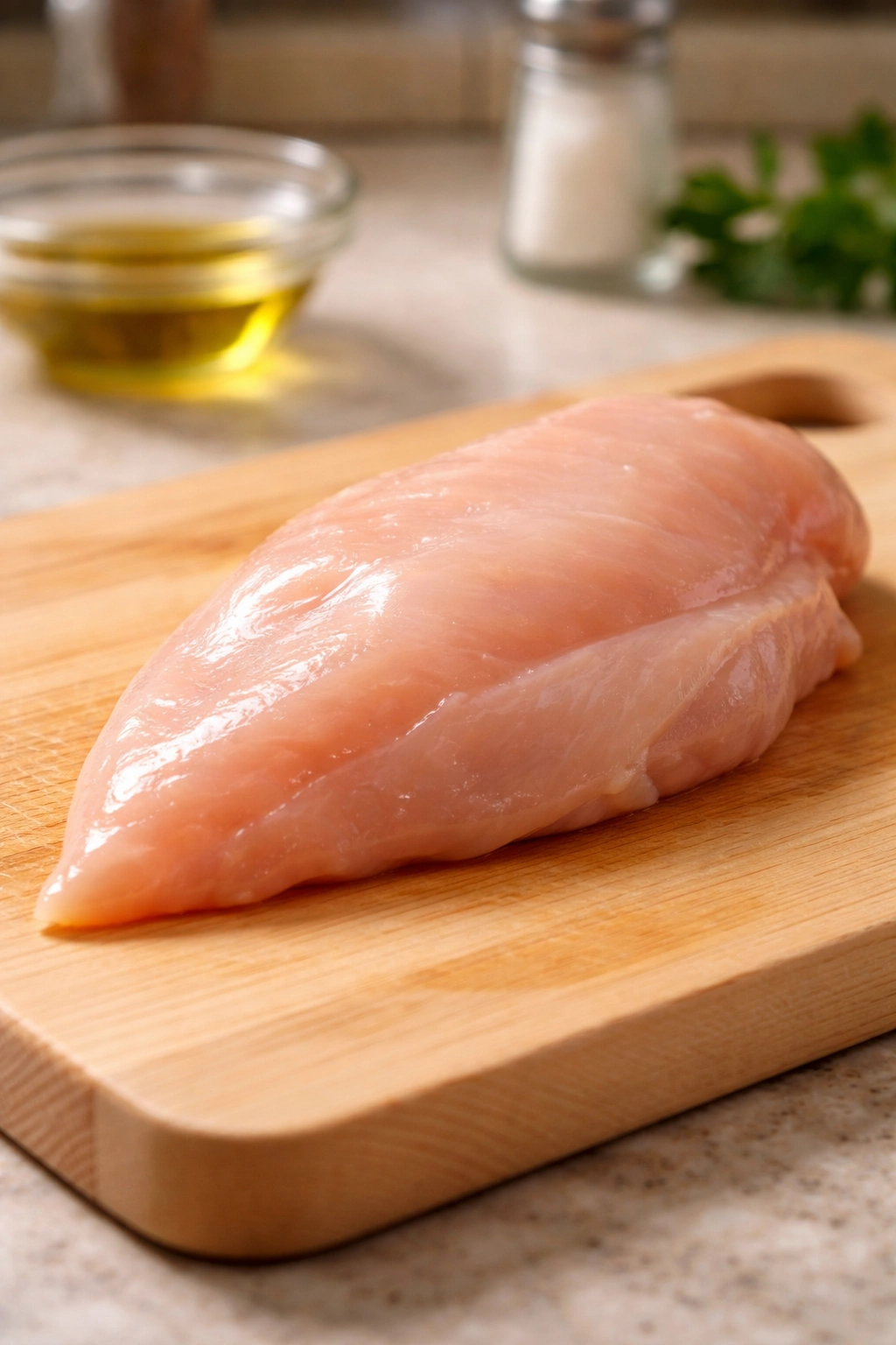 Boneless skinless chicken breast on cutting board, ready to cook