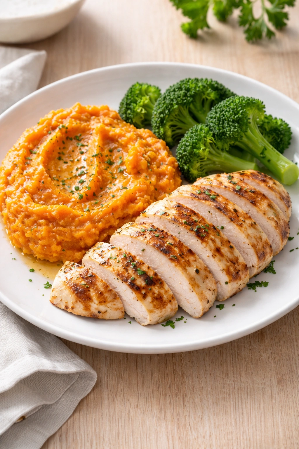 Grilled chicken breast with sweet potato mash and greens on a white plate