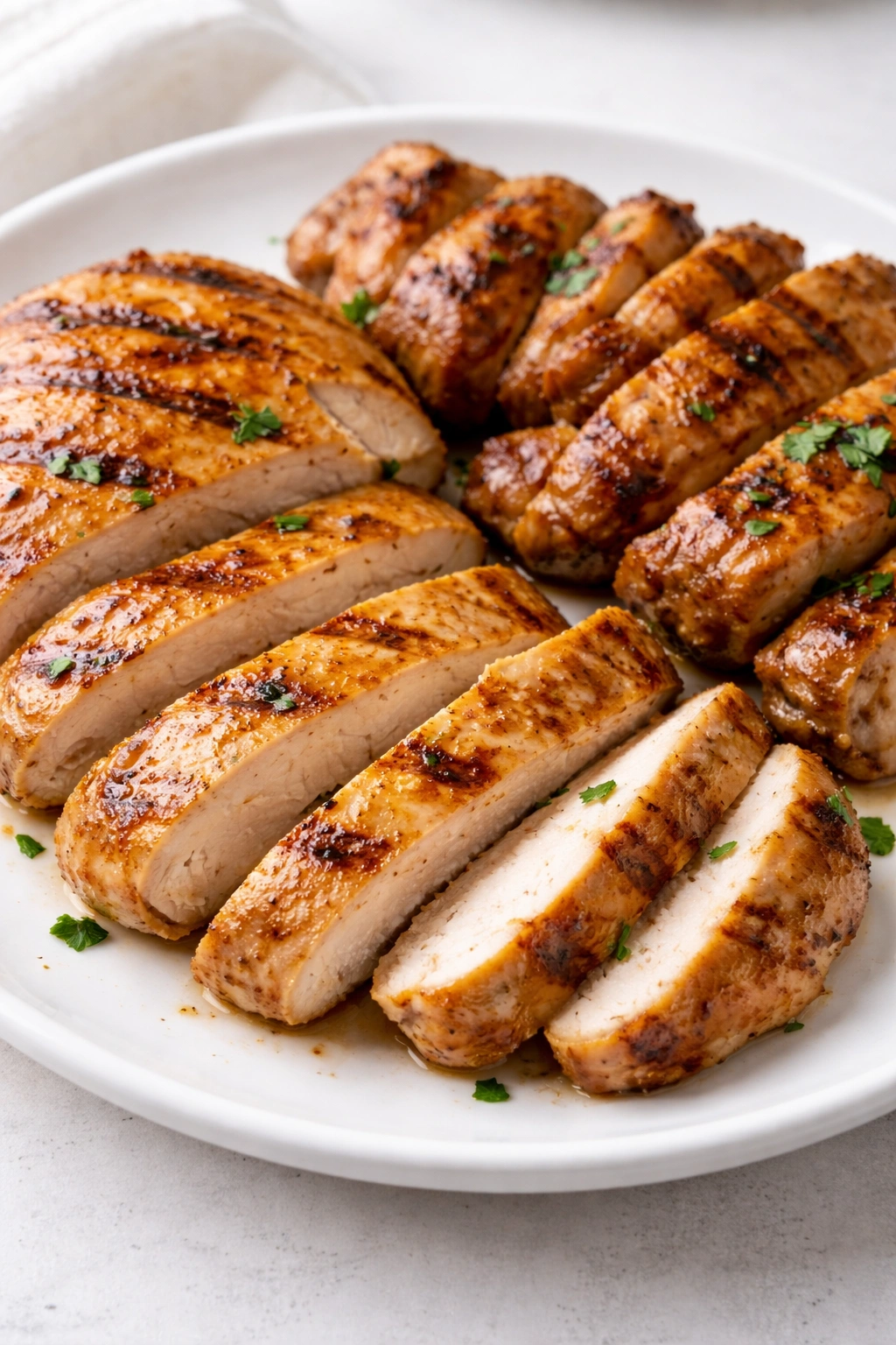 Juicy sliced chicken breast and thigh on a plate