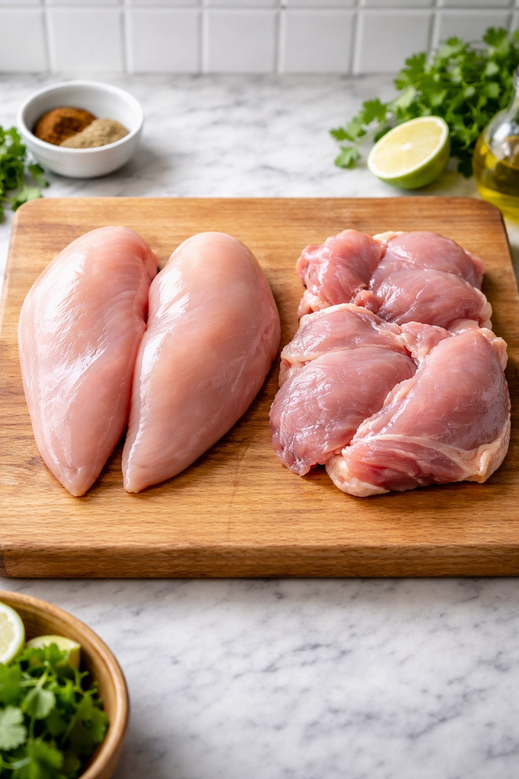 Boneless chicken breast and thigh on cutting board ready for shredding