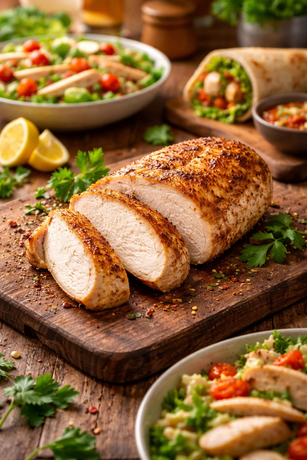 Juicy chicken breast slices fanned on wooden board showing versatility