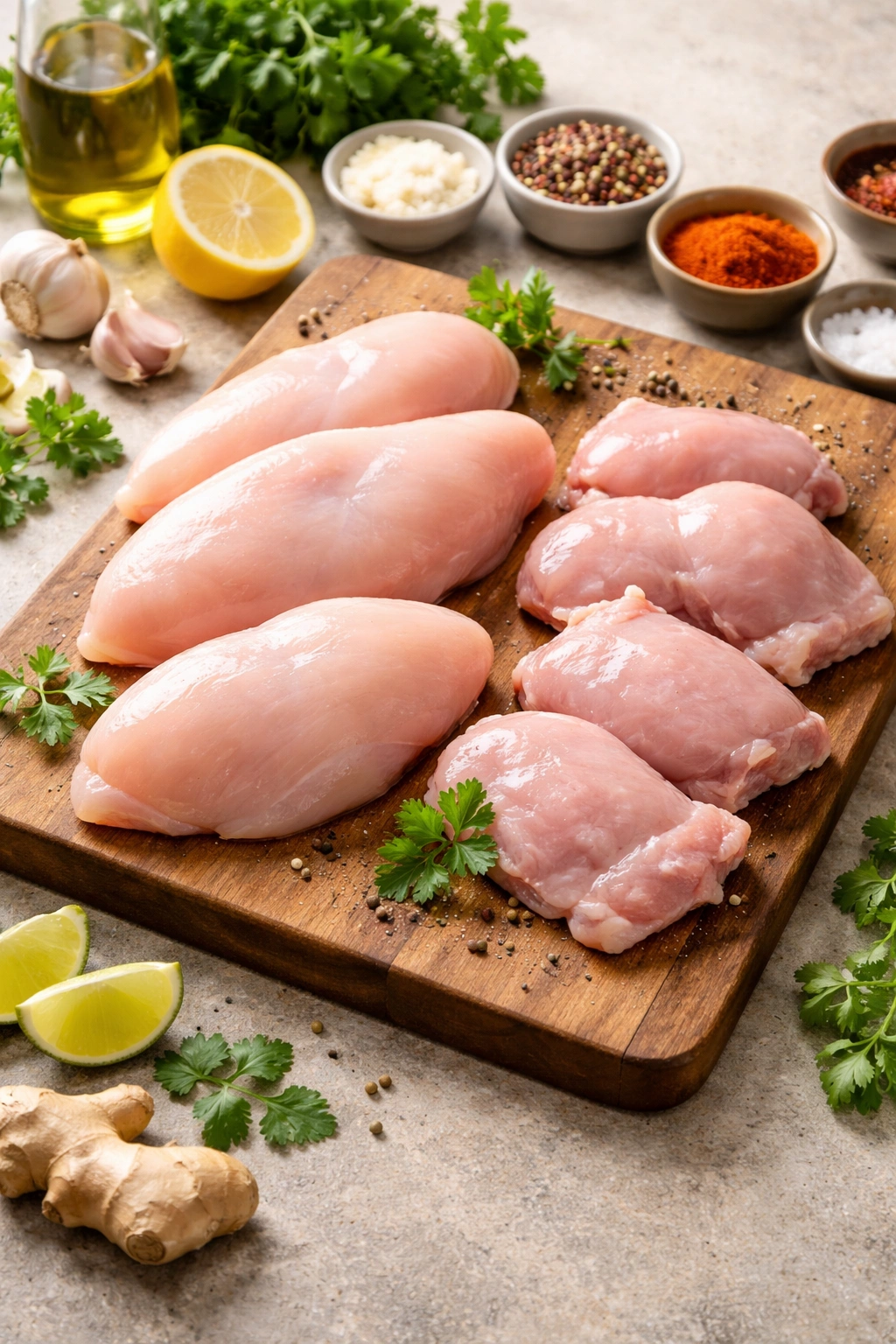 Boneless chicken breasts and thighs on a cutting board