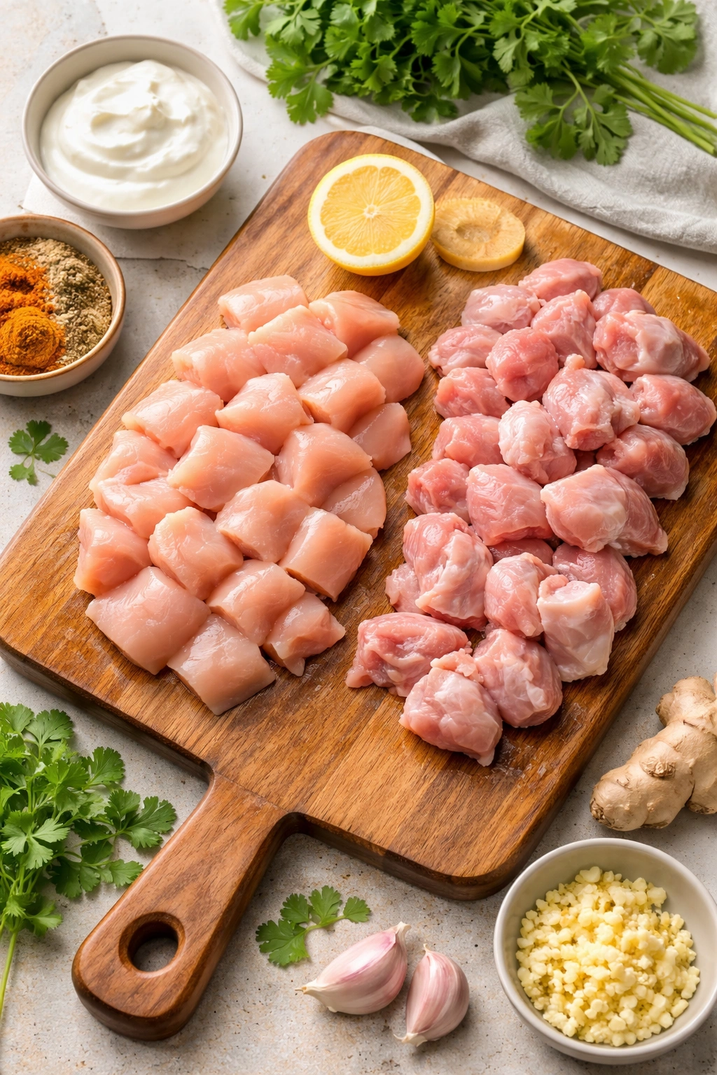 Raw chicken breast and thigh pieces on cutting board