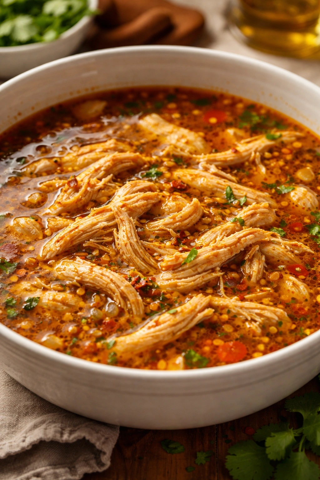 Close-up of shredded chicken submerged in broth for moisture