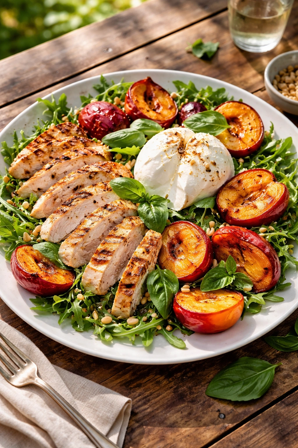 Grilled chicken with stone fruits burrata and basil on a plate