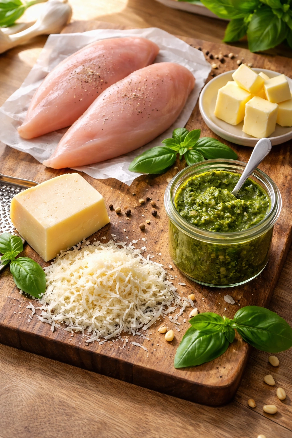 Chicken, butter, Parmesan, and pesto arranged on a board to show ingredient quality.