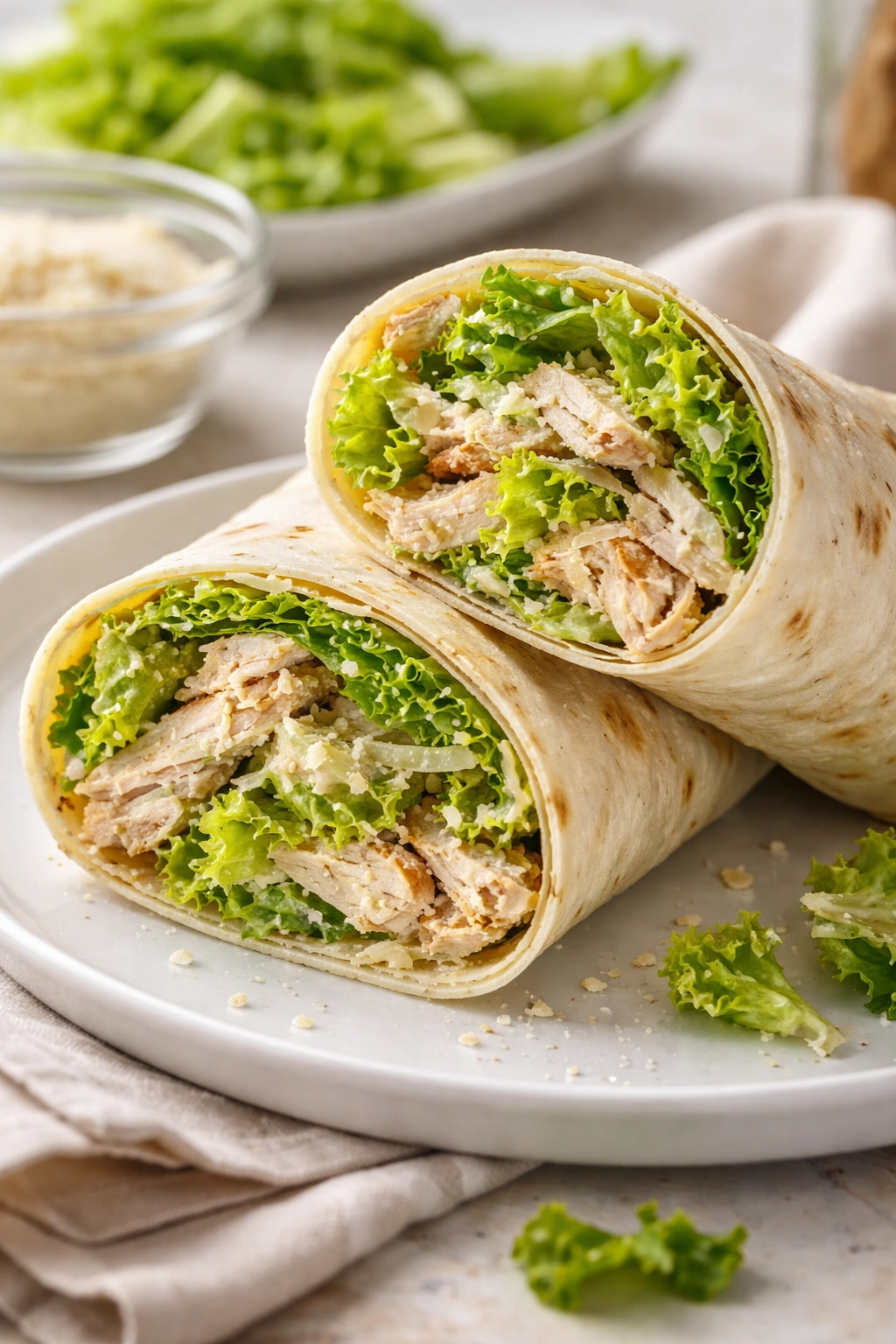 Cross-section view of a Chicken Caesar Wrap with chicken romaine parmesan dressing