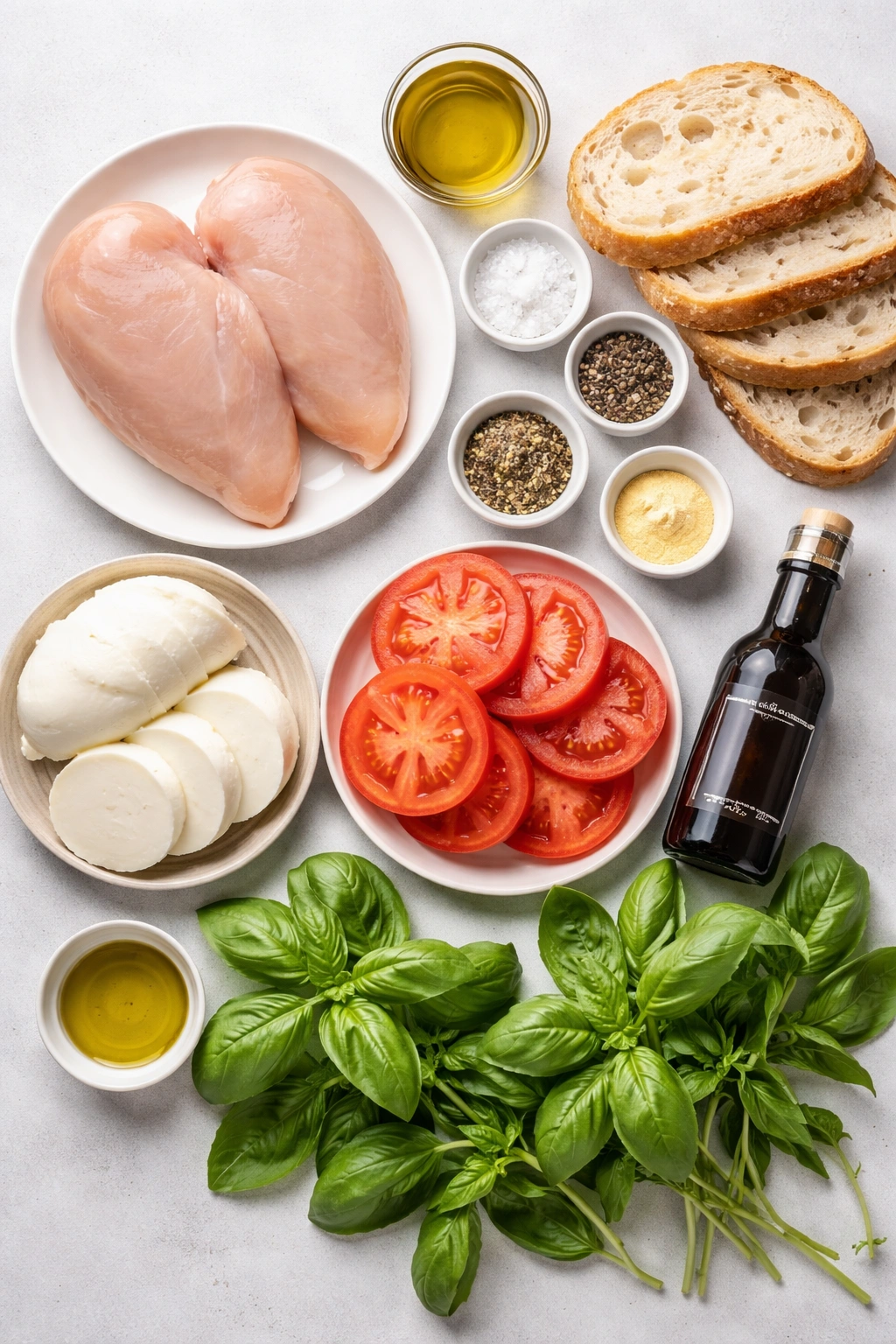 Ingredients for Chicken Caprese Panini laid out: chicken, bread, mozzarella, tomato, basil, olive oil, balsamic glaze