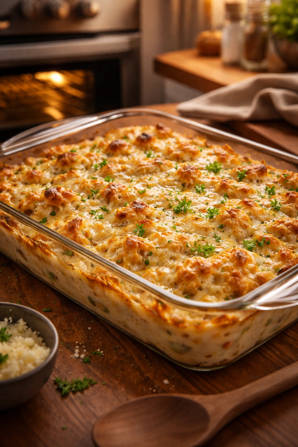 Creamy chicken breast casserole bubbling in a glass baking dish with a golden top