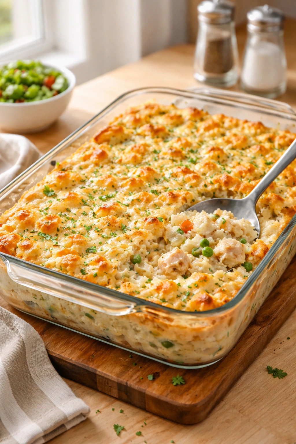 Creamy chicken casserole in a glass baking dish on a wooden counter with warm lighting