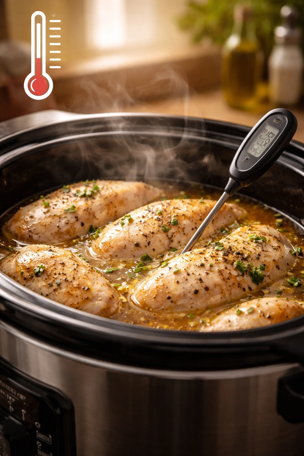 Chicken cooking scene suggesting careful heat and safety