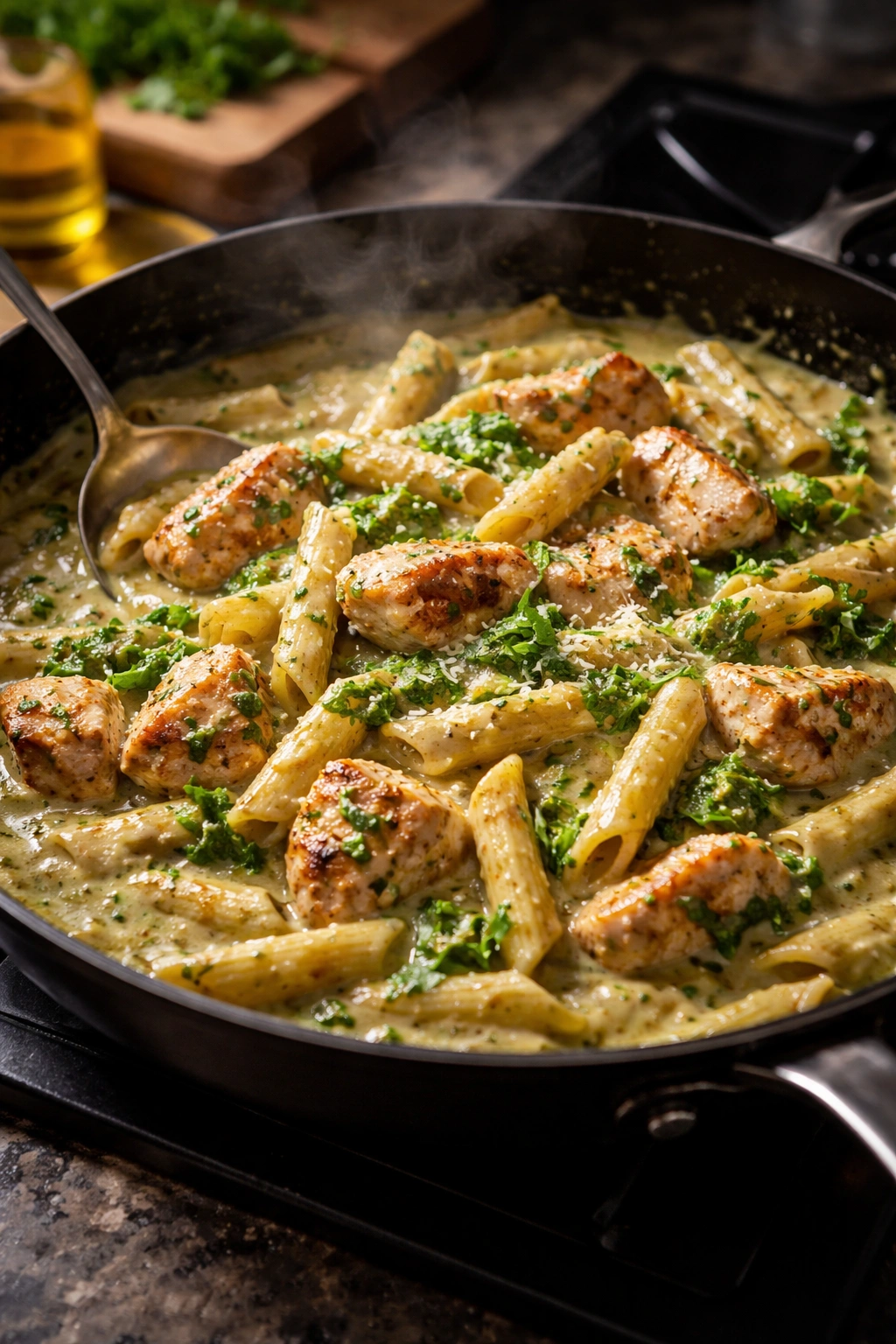 Creamy sauce with browned chicken in a skillet, illustrating restaurant-quality results.