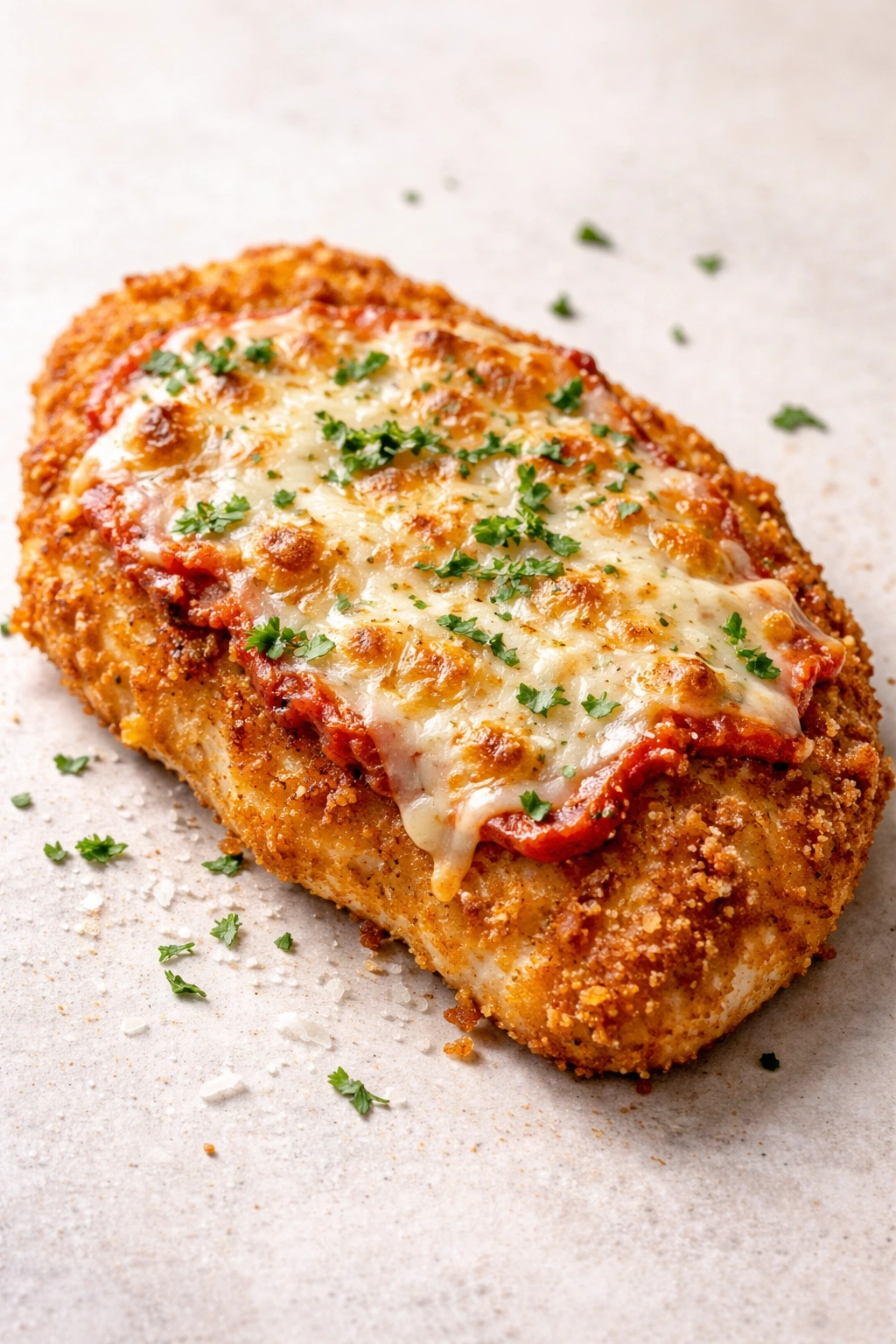 Golden-brown chicken cutlet on neutral background