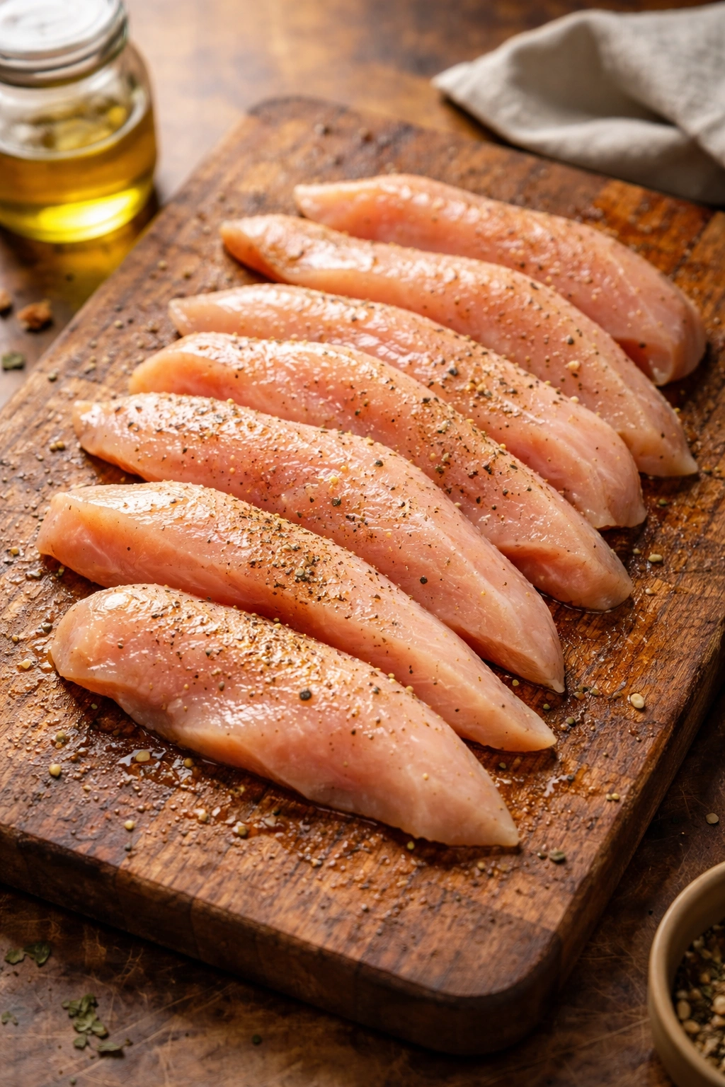 Raw chicken cutlets on cutting board with oil and seasoning specks, in a warm kitchen