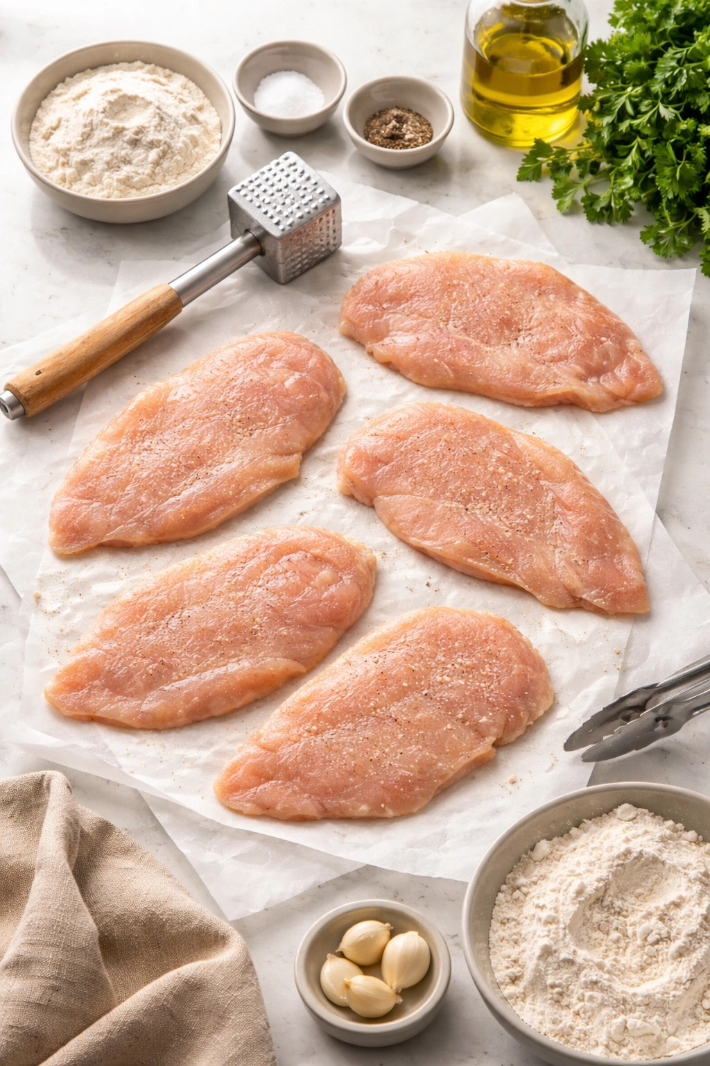 Pounded chicken cutlets on parchment ready for dredging