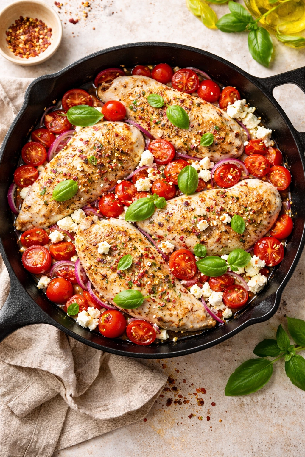 Uncooked chicken cutlets with tomatoes and feta ready to bake in a skillet