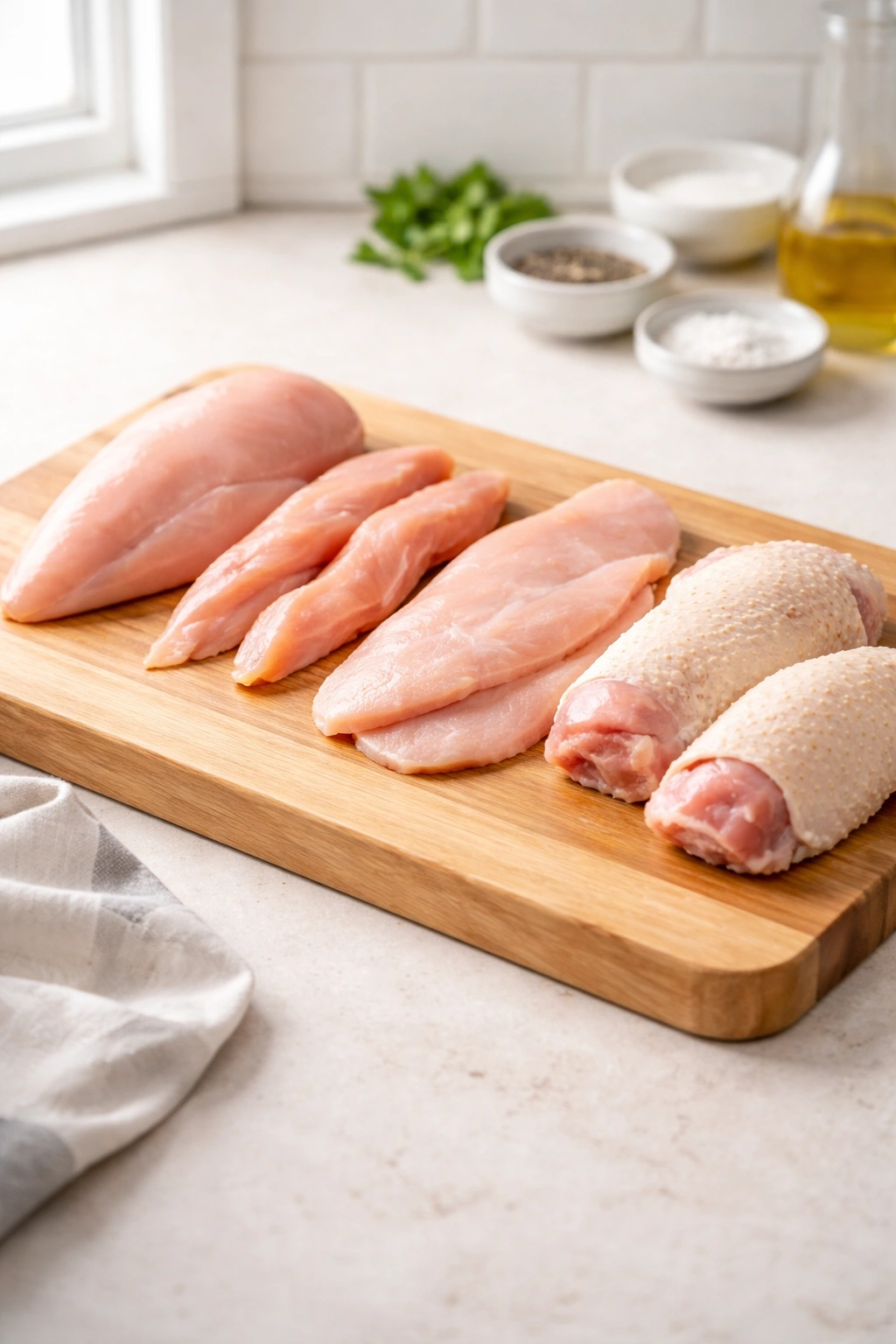Assorted chicken cuts on a cutting board for beginners.
