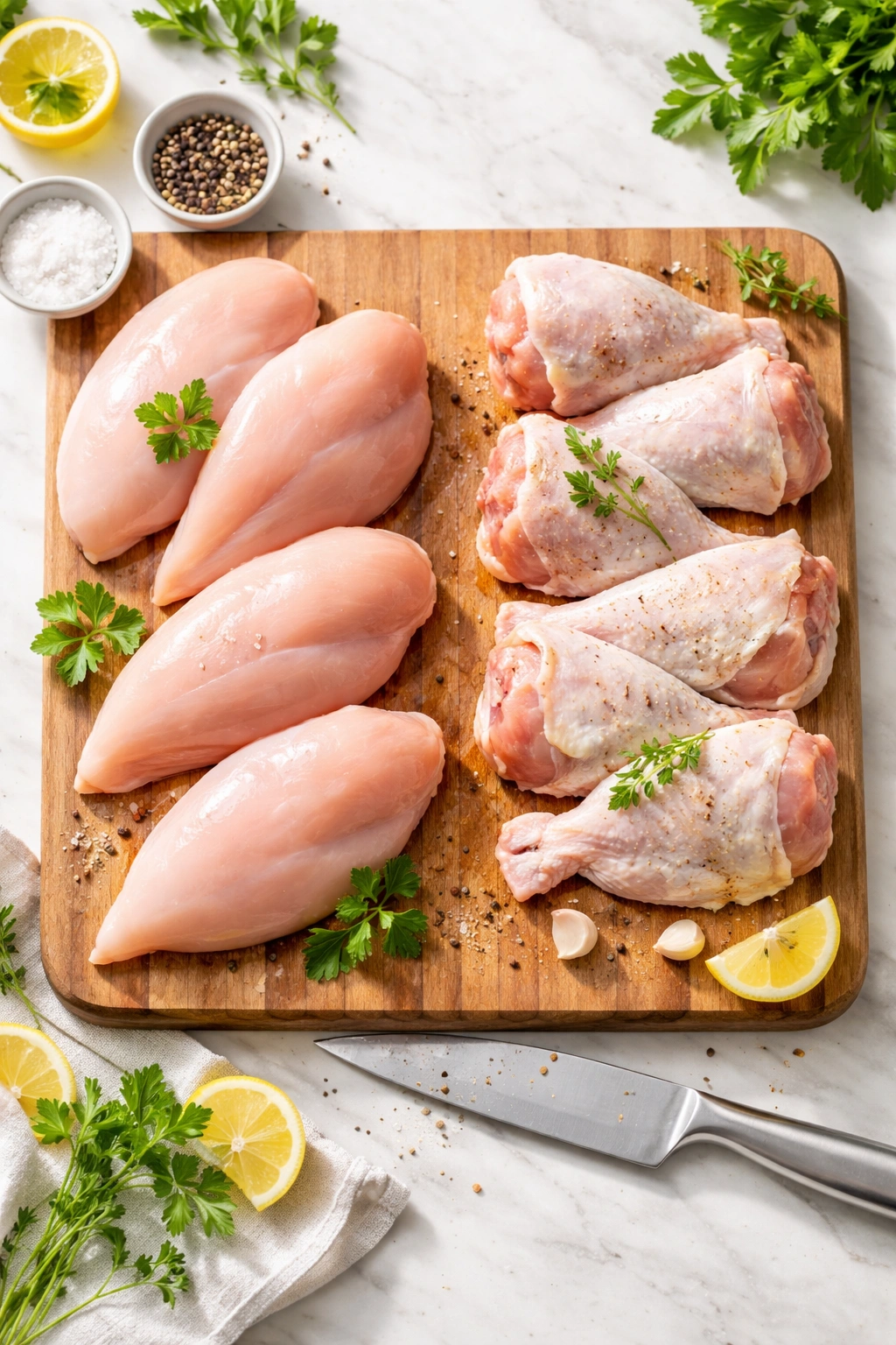 Raw chicken breasts and thighs on a cutting board