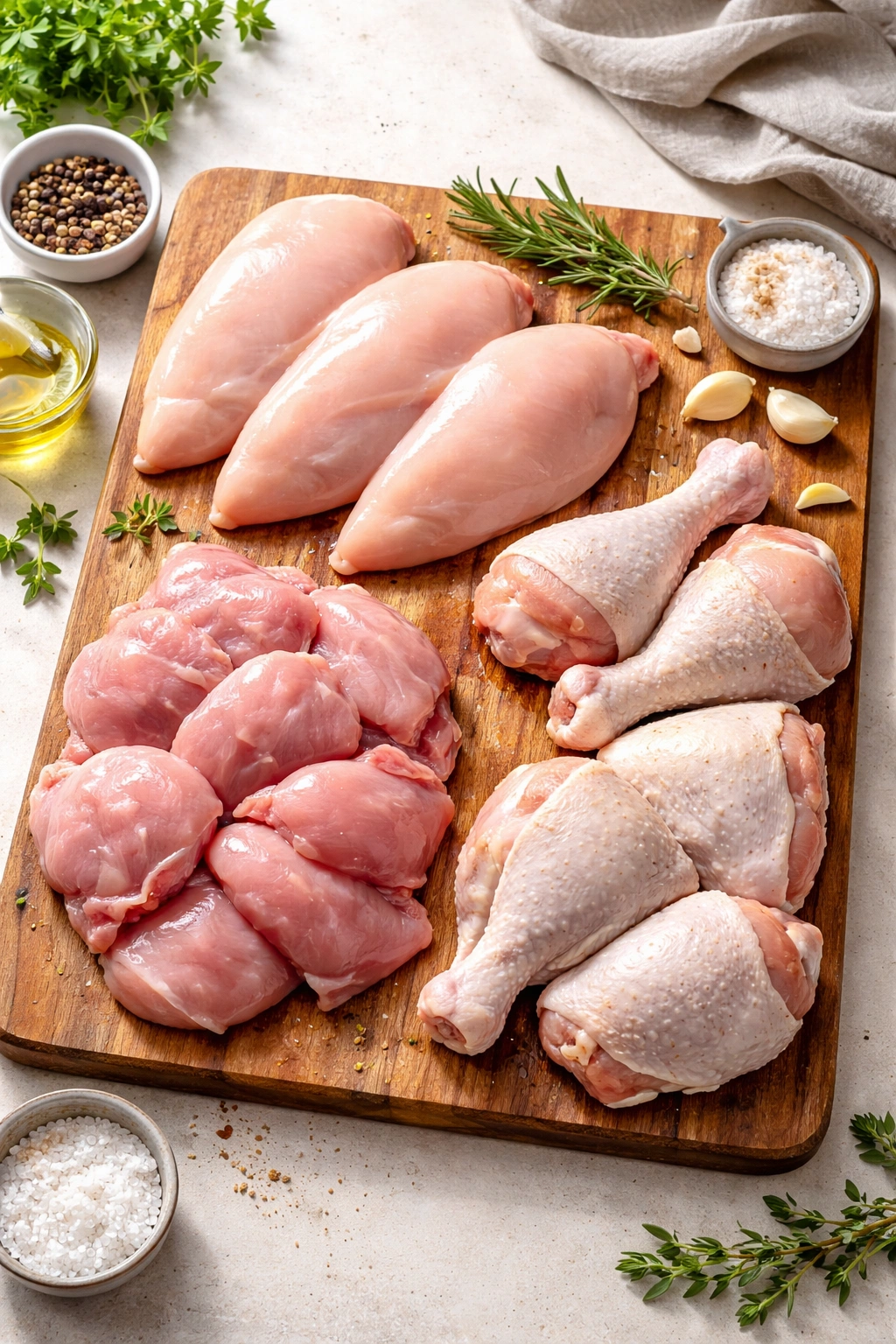 Assorted chicken cuts on cutting board for slow cooking