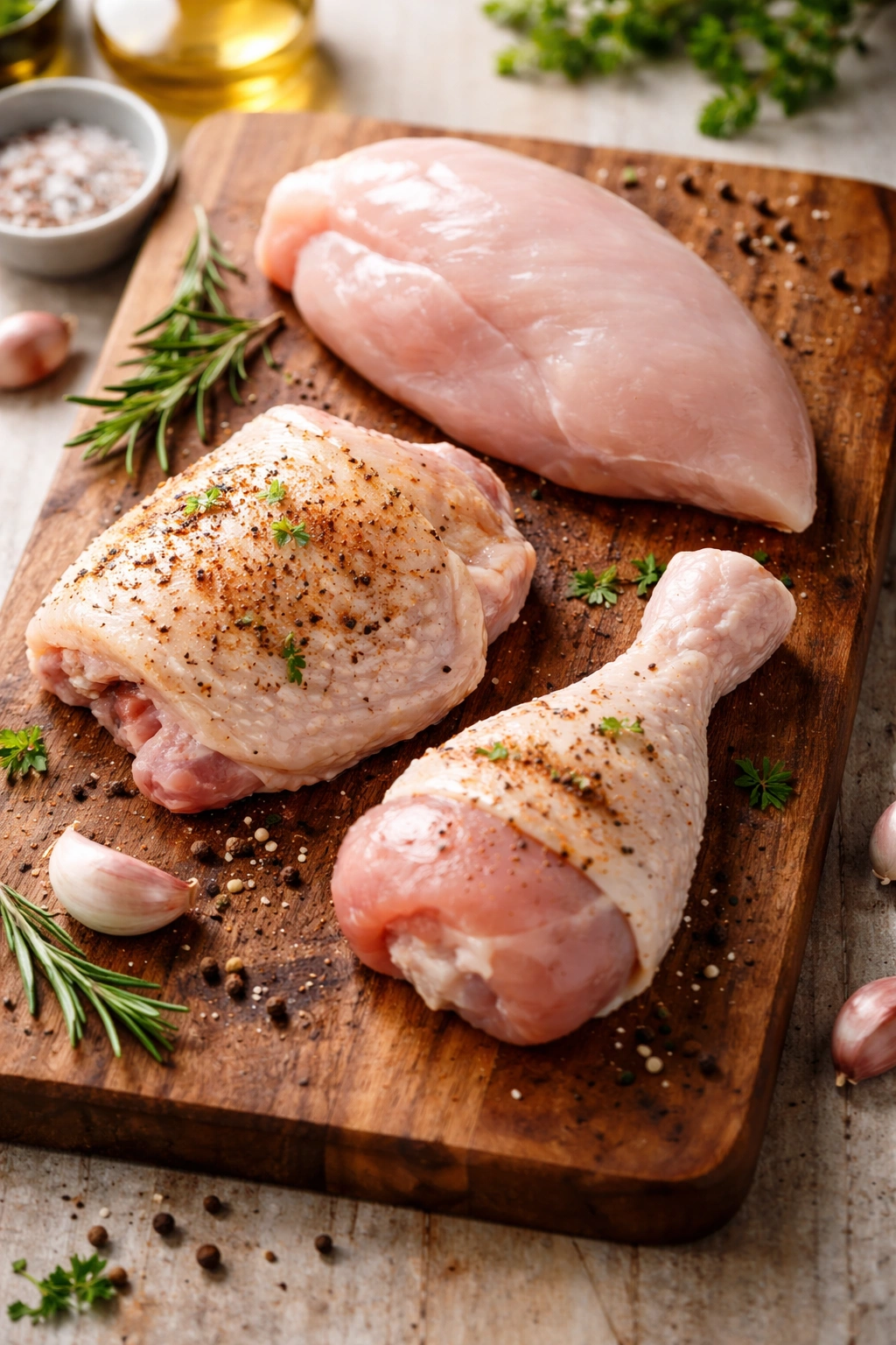 Tray of chicken cuts (breast, thigh, drumstick) on a wooden board illustrating cut-based timing.