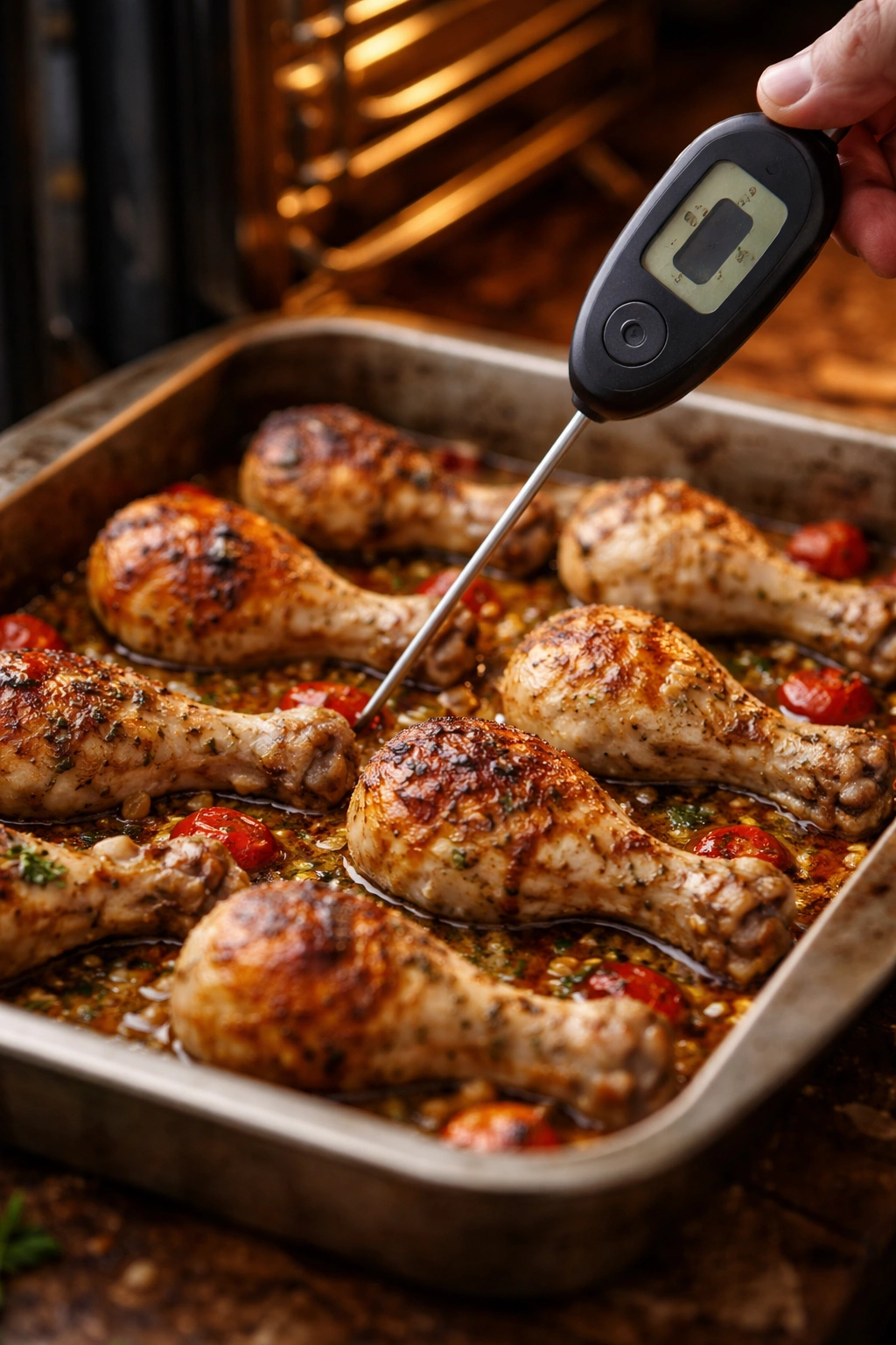 Chicken drumsticks on a tray with a thermometer silhouette indicating doneness
