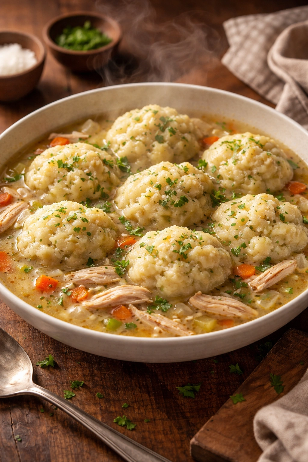 The Ultimate Chicken and Dumplings in a rustic bowl with dumplings and shredded chicken