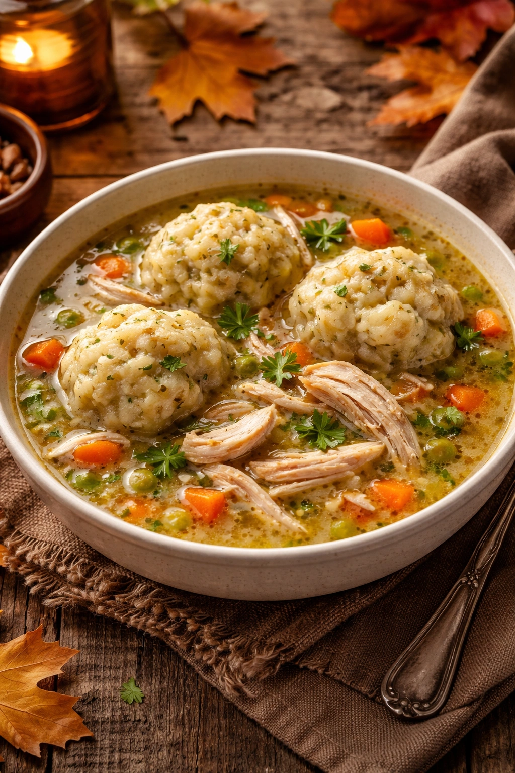 Bowl of chicken and dumplings with fluffy dumplings