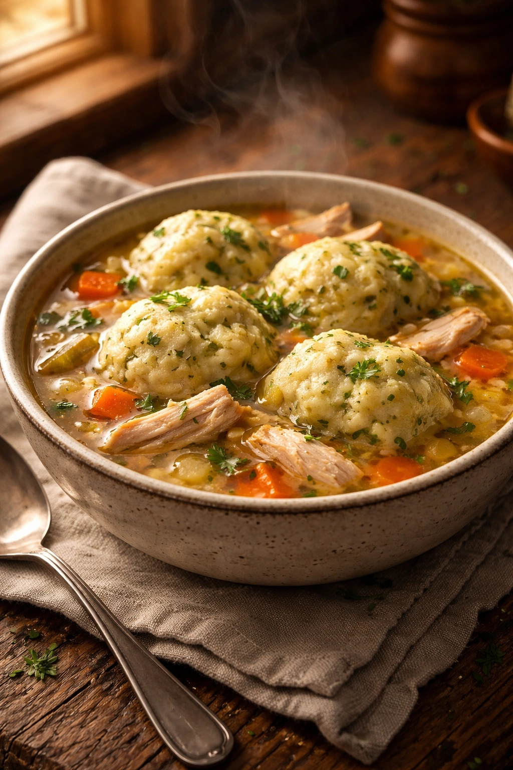 Steaming bowl of chicken and dumplings in rich broth.