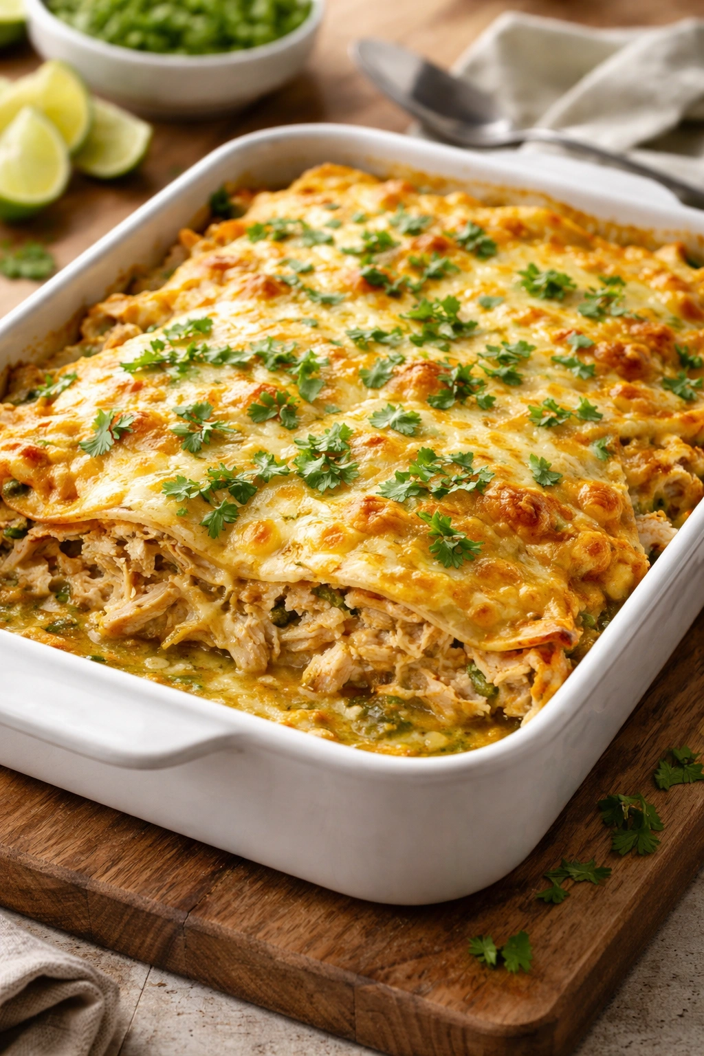 Layered chicken enchilada casserole in a white baking dish with cheese and green chile.