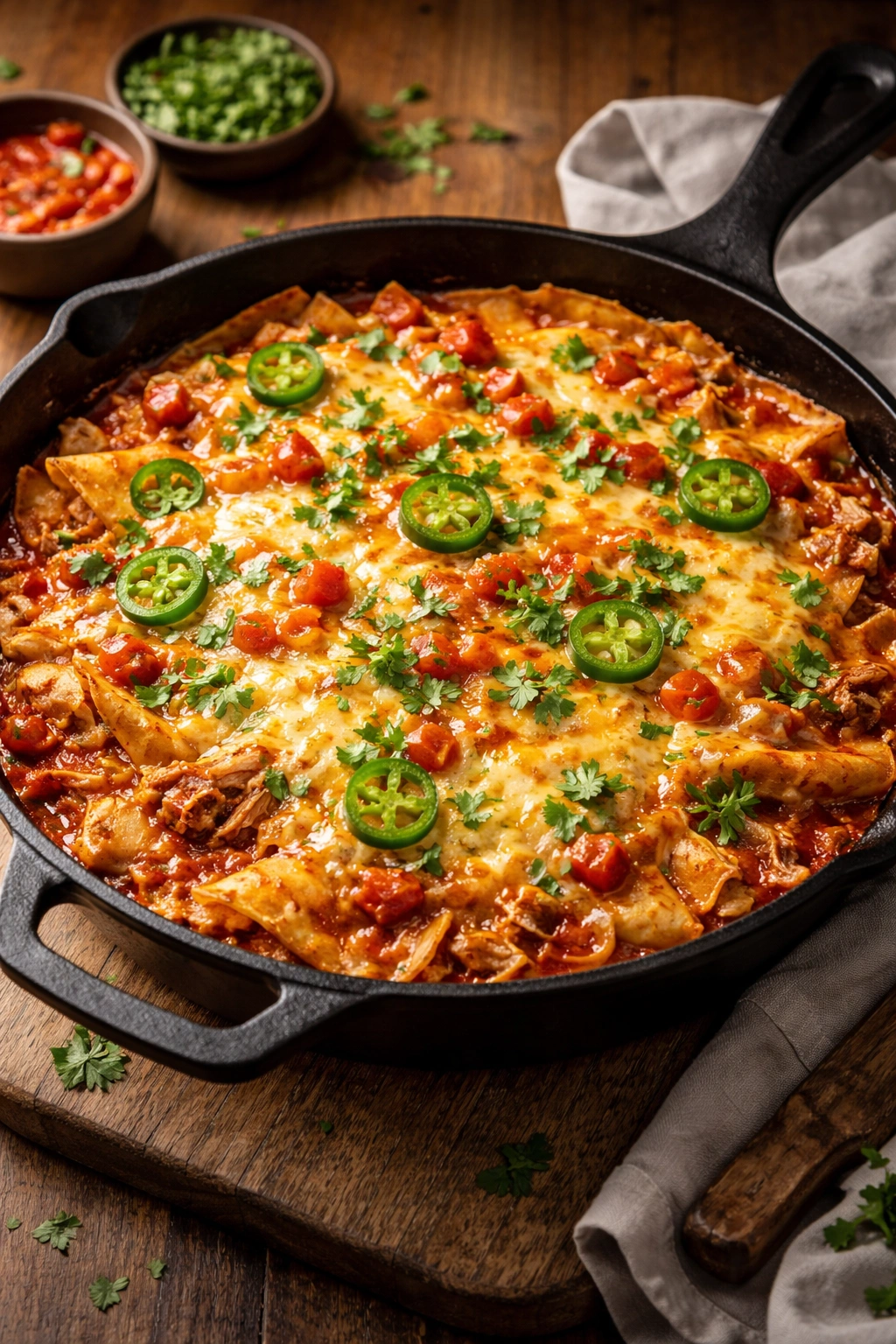 Chicken enchilada skillet casserole in a cast iron pan