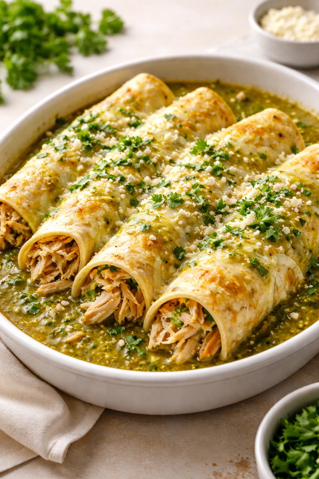 Plate of chicken enchiladas with green sauce and cheese