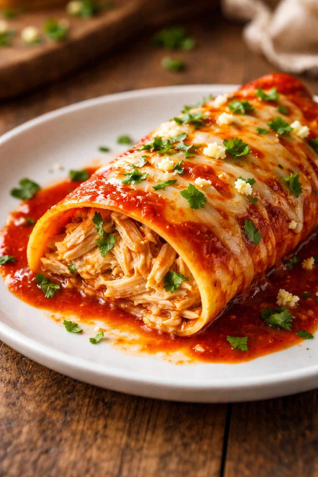 Close-up of a single chicken enchilada with red sauce on a white plate