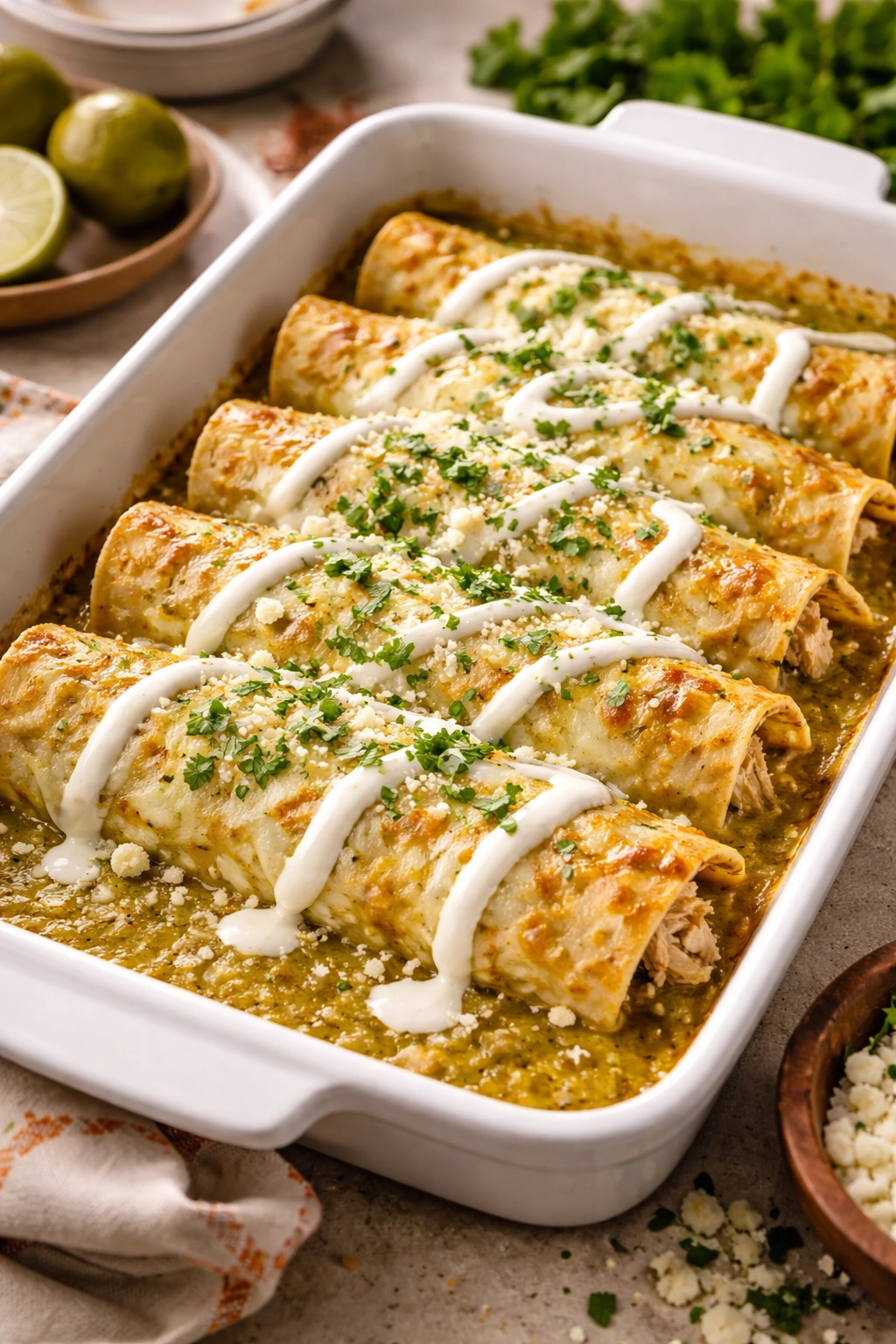 Green enchiladas Verdes with crema on top