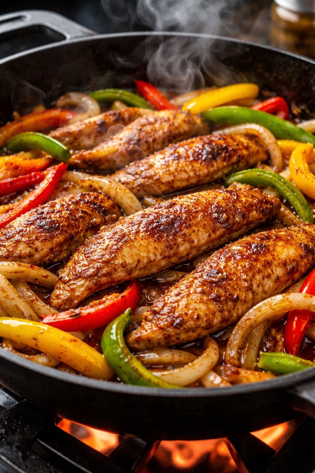 Golden-seared chicken fajita cutlets in a skillet