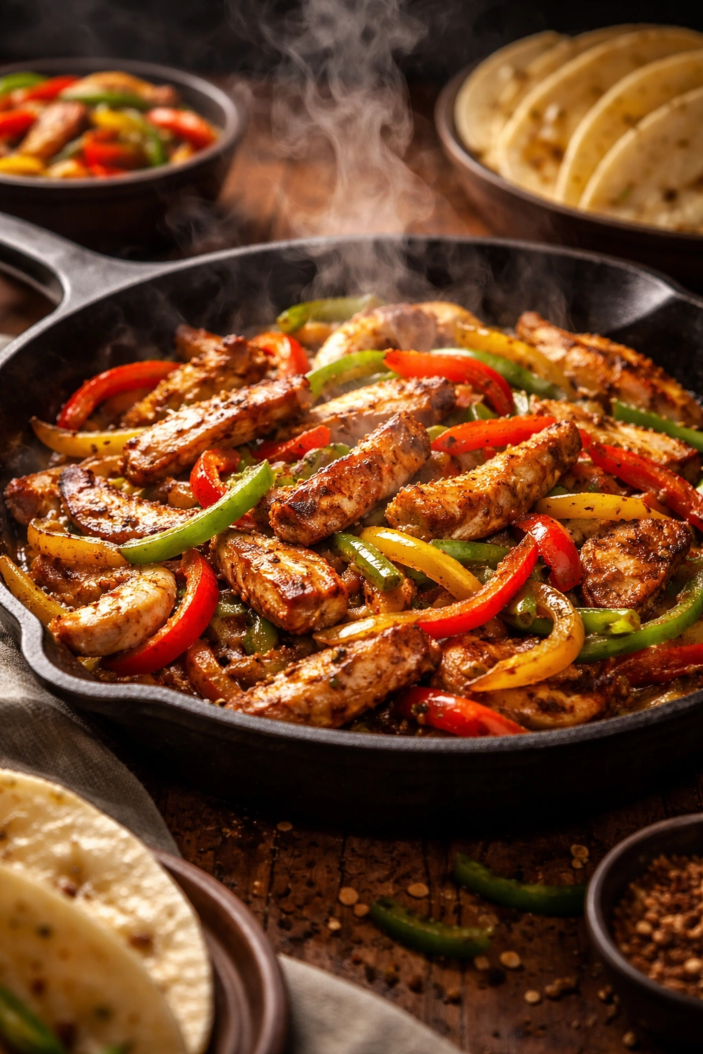 Close-up of sizzling chicken fajitas with peppers and onions in a cast-iron skillet