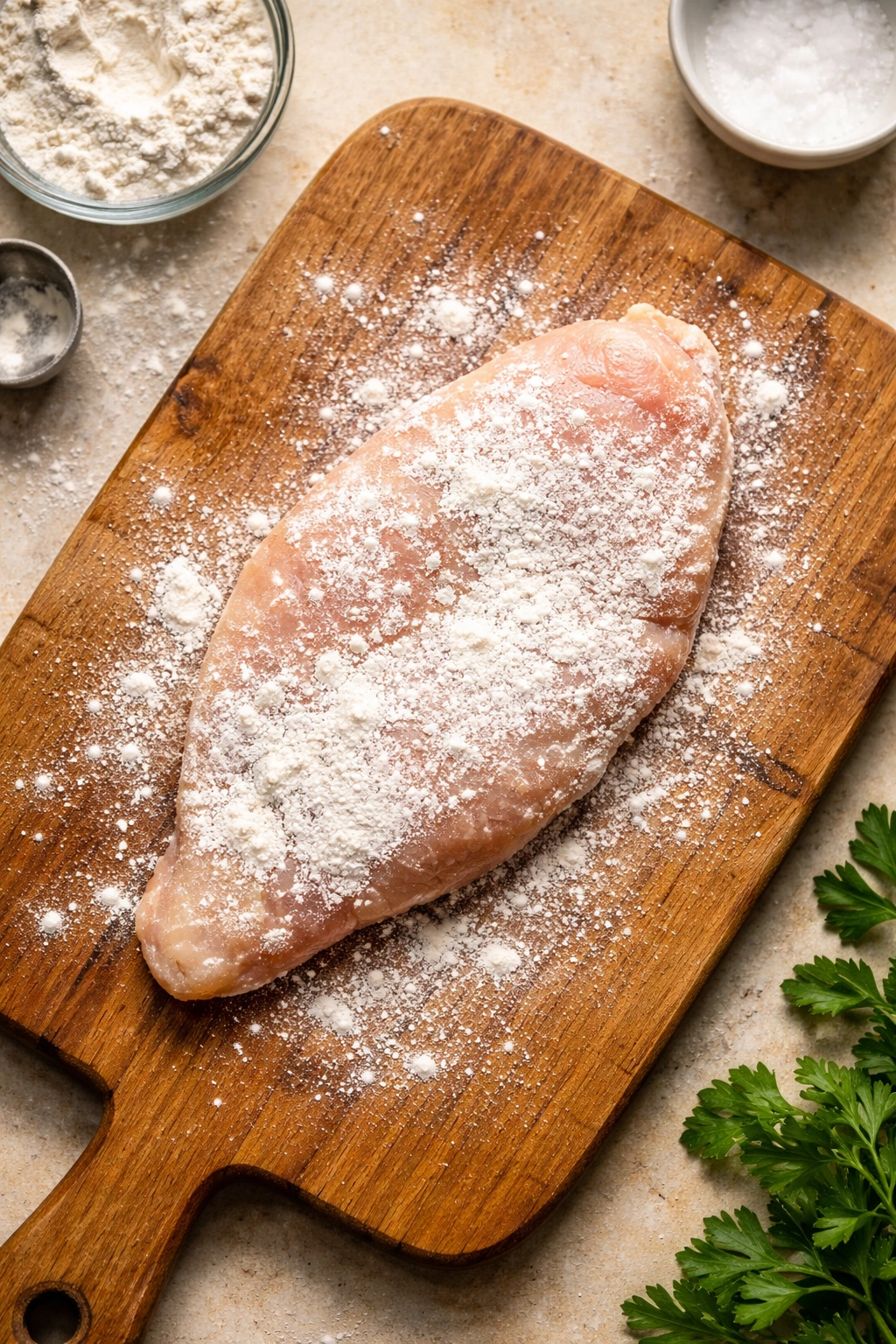 Chicken breast with uneven flour coating on cutting board