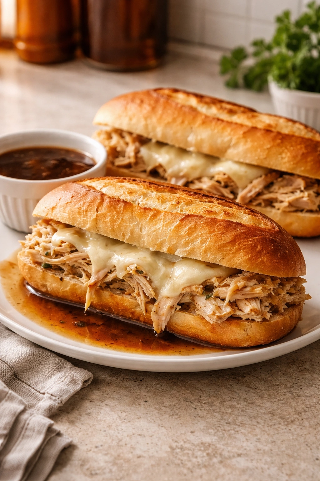 Shredded chicken French dip sandwich on crusty roll with melted cheese