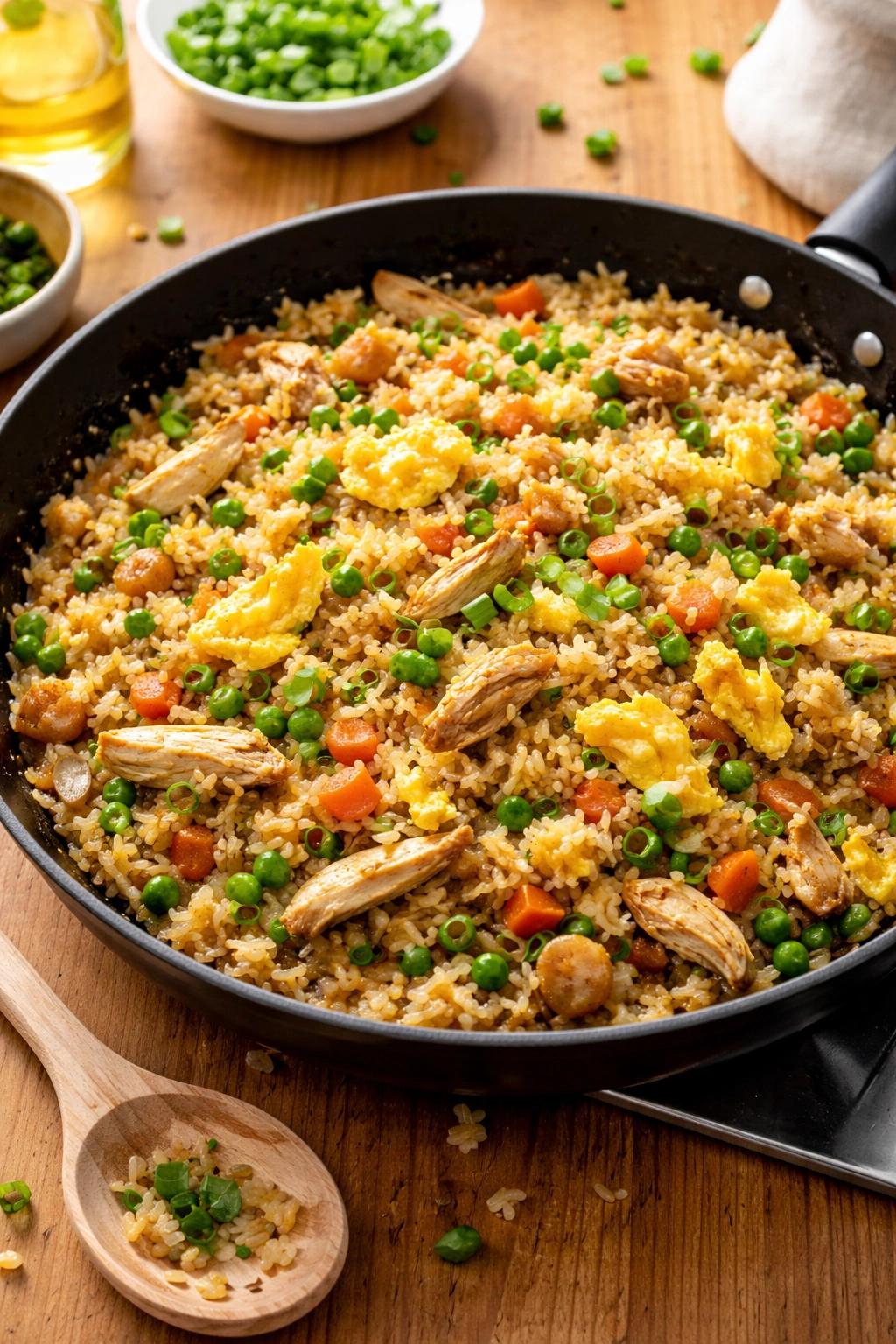 Fried rice with scrambled eggs, chicken, peas, and carrots in a skillet