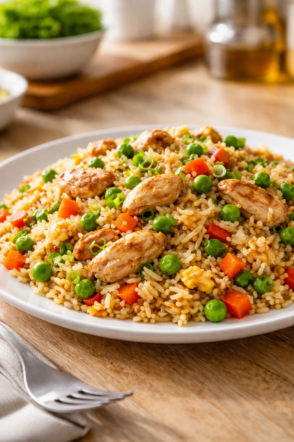 Close-up of chicken fried rice on a plate with peas and carrots