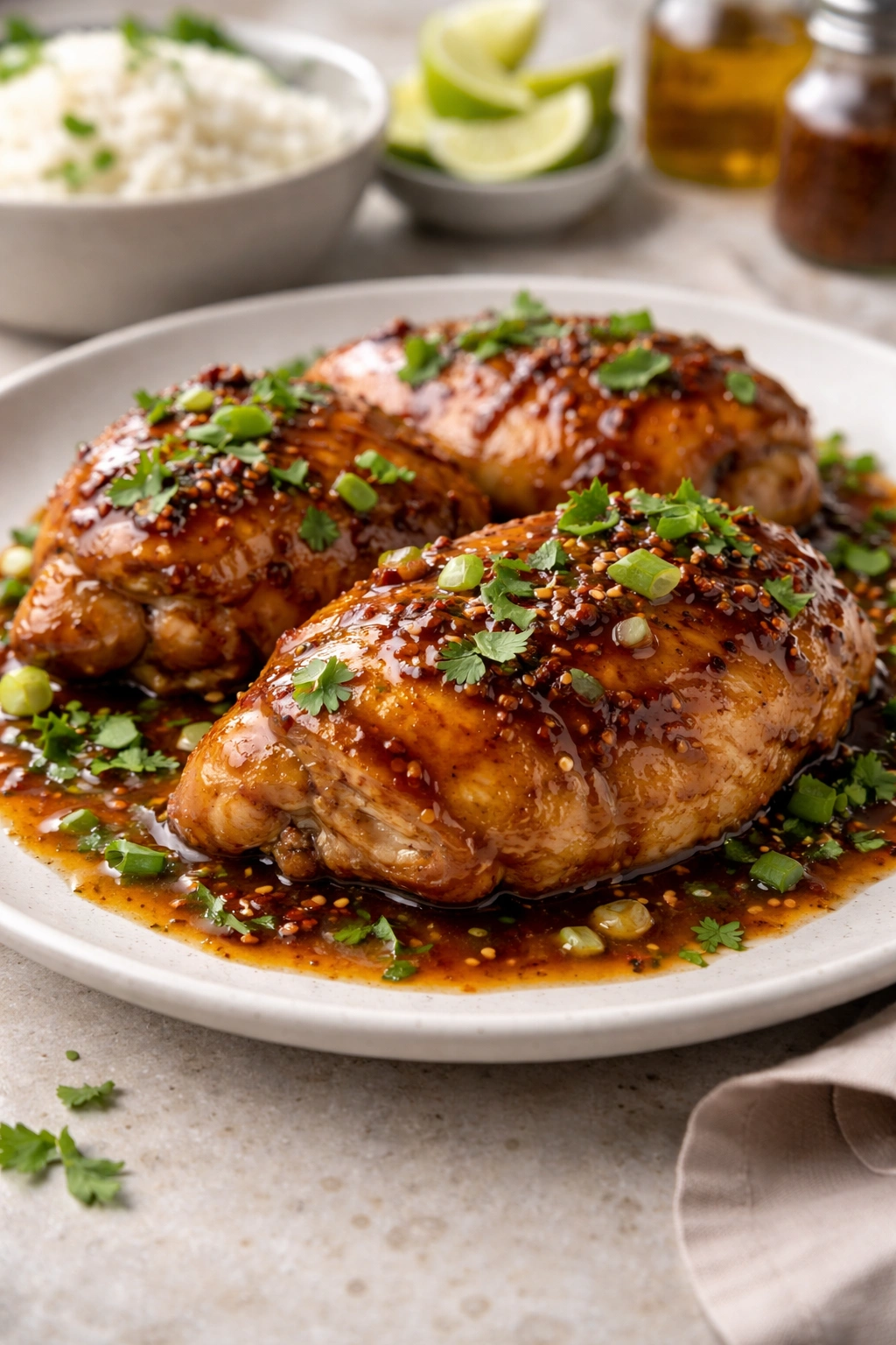 Plated chicken with glossy glaze and fresh herbs