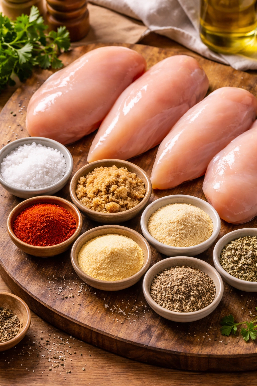 Raw chicken breasts with spice bowls (salt, brown sugar, paprika, garlic powder, onion powder, pepper, oregano) on a wooden board