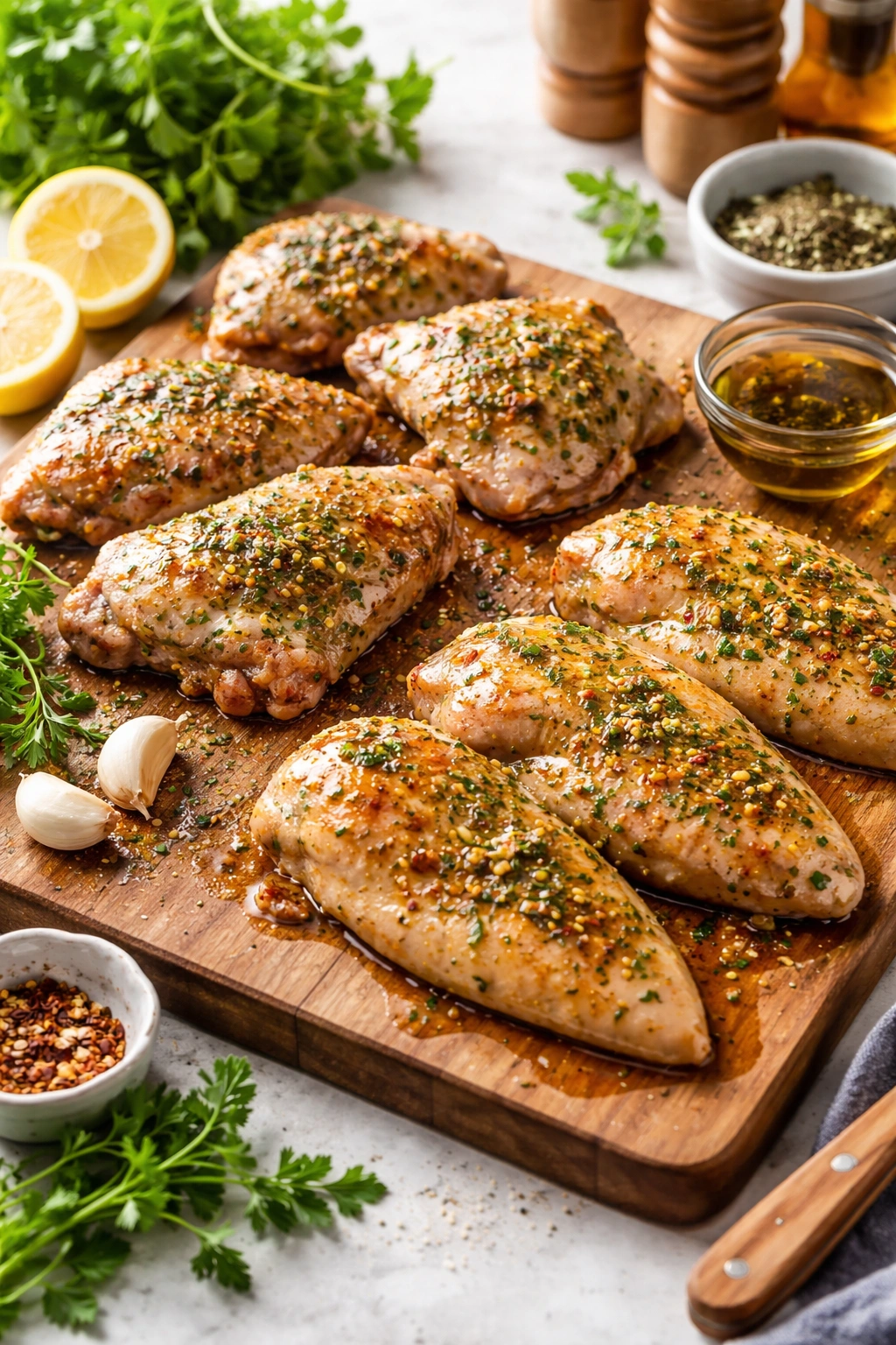 Chicken thighs and breasts with marinade on cutting board ready for cooking