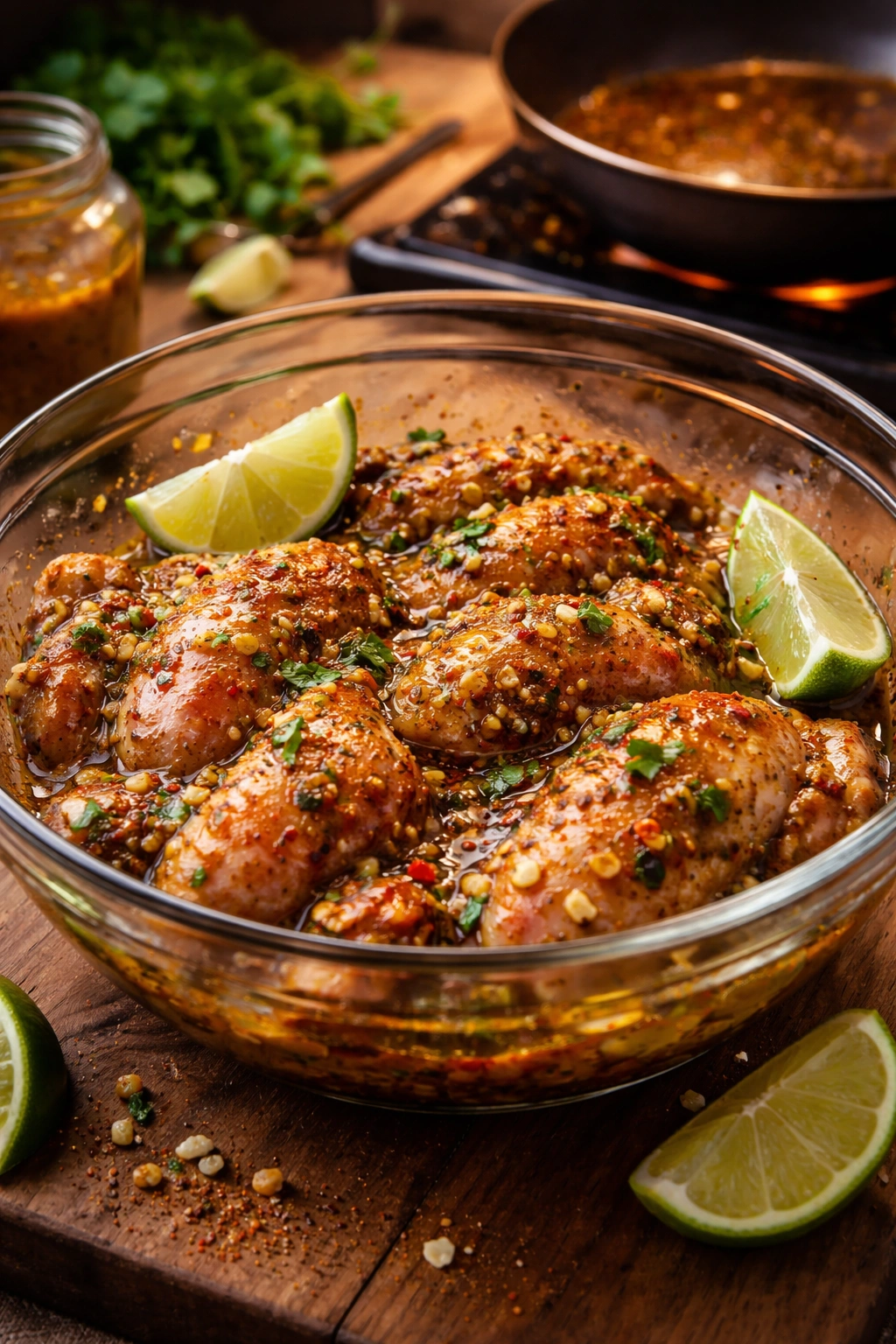 Close-up of marinating chicken with lime and spices for juicy home cooking