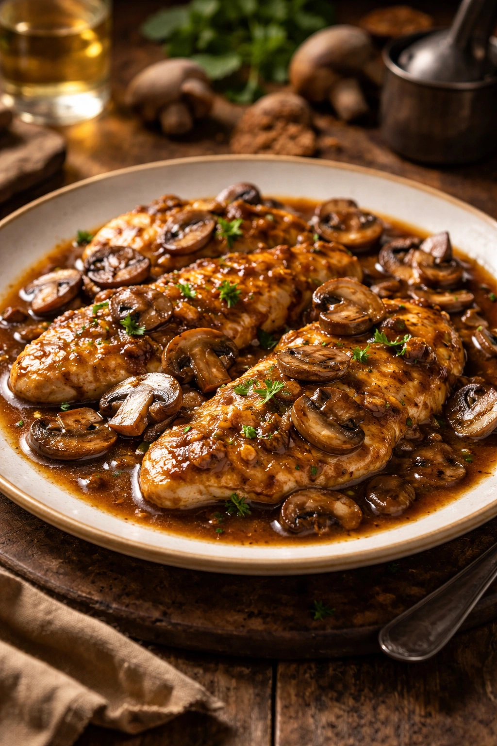 Close-up of chicken Marsala with mushrooms in a glossy sauce on a plate