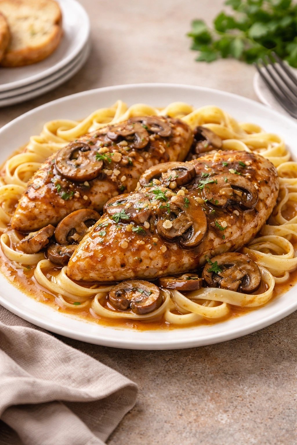 Plate of chicken marsala with pasta and mushrooms, glossy sauce