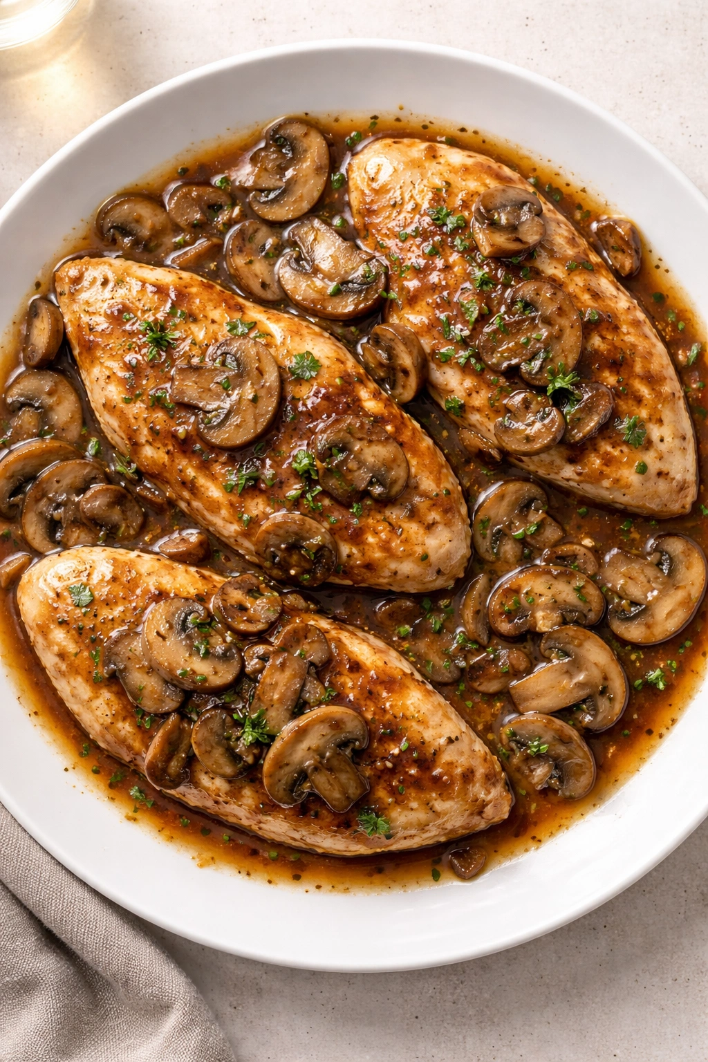 Chicken Marsala with mushroom Marsala sauce on white plate
