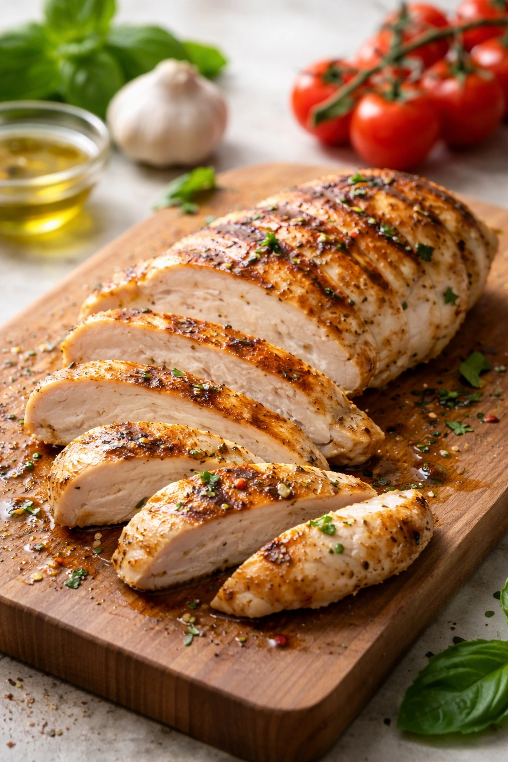Juicy grilled chicken breast sliced on a cutting board with herbs